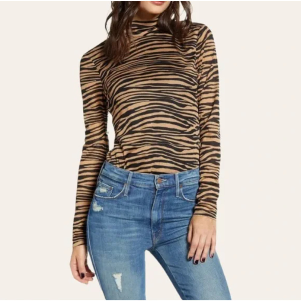 Wayf Tan and Black Zebra Print Long Sleeve Mock Neck Top